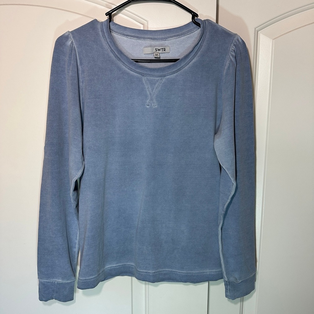 SWTR Women's Medium Blue Washed Cotton Modal Long Sleeve Shirt Top Puff Sleeve‎
